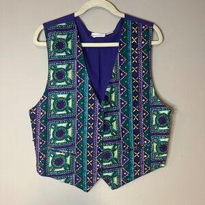 Vintage 1990s Purple Teal Floral Beaded Grunge Vest Waistcoat
